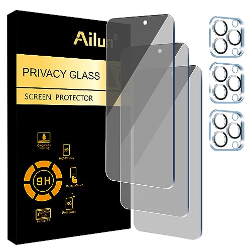 Ailun Paquete de 3 protectores de pantalla de privacidad para iPhone 15 Pro Max [6.7 pulgadas] + 3 protectores de lente de cámara, protección de sensor, compatible con isla dinámica, vidrio templado