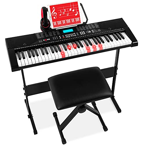 Best Choice Products Juego completo de piano de teclado electrónico para principiantes de 61 teclas con teclas iluminadas, pantalla LCD, auriculares, soporte, banco, modos de enseñanza, calcomanías de