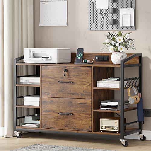 SEDETA 44" File Cabinet, Filing Cabinet fits Legal/Letter Size, 2 Drawer File Cabinets for Home Office with Lock, Power Strip, 6 Storage Shelves, Rustic Brown