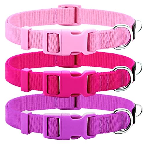 azuza 3 Pack Dog Collars Comfortable and Adjustable Nylon Dog Collars for for Small Dogs, S (11-16inch)，Pink, Hot Pink and Purple