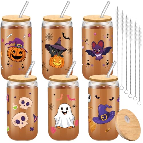 Teenyyou Juego de 6 vasos de Halloween de 16 onzas, lindos vasos de Halloween con tapa y pajita, tazas de calavera de Halloween, fantasma, murciélago, calabaza, calavera, café helado, beber, cerveza,