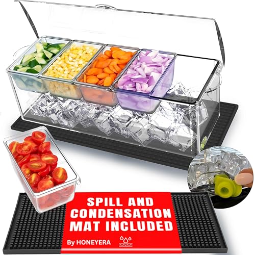 Honeyera Servidor de condimentos refrigerado con tapa, 5 compartimentos extraíbles, bandeja para servir condimentos con bandeja de hielo y tapete gratis, organizador de frutas transparente con cámara