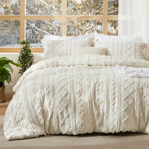 Bedsure Tufted Boho Comforter Set Queen Size - Beige Boho Bedding Comforter Set, 3 Pieces Farmhouse Shabby Chic Embroidery Bed Set, Gifts for Woman, Soft Jacquard Comforter for All Seasons