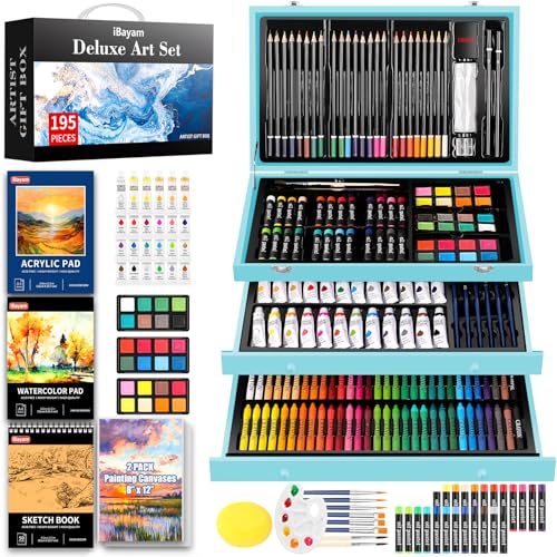 iBayam Juego de arte de lujo, paquete de 195 cajas de regalo para artistas, kit de pintura de dibujo para artes y manualidades, suministros de arte para adultos y niños, kits de arte con 24 pinturas