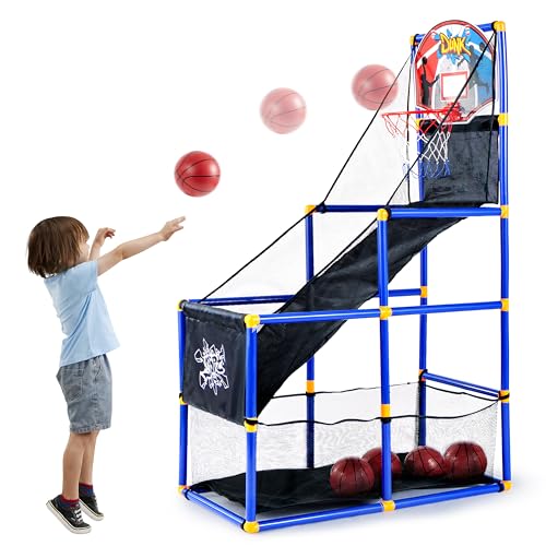 JOYIN Juego de baloncesto arcade con 4 bolas y aro para niños de 3 a 12 años de edad, juego deportivo en interiores y exteriores, fácil de instalar, bomba de aire incluida, ideal para competición