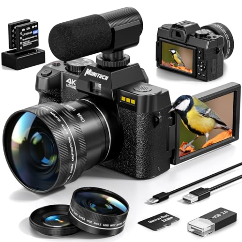 Mo 4K Digital Cameras for Photography, 48 MP Vlogging Camera for YouTube with 180° Flip Screen,16X Digital Zoom,Flash & Autofocus,52mm Wide Angle & Macro Lens,2 Batteries,32GB SD Card(S100,Black)