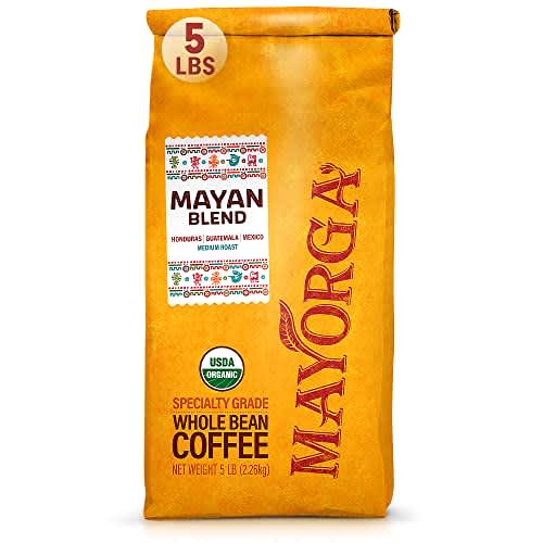 Mayorga Café de grano entero de tostado medio, bolsa de 5 libras, café tostado de mezcla maya, café orgánico suave y sabroso, granos de café 100% arábica de grado especial, sin OMG, comercio directo