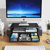 Simple Trending Soporte de monitor de metal de 2 niveles para monitor y organizador de escritorio de computadora con cajón y soporte para bolígrafo para laptop, computadora, iMac, negro