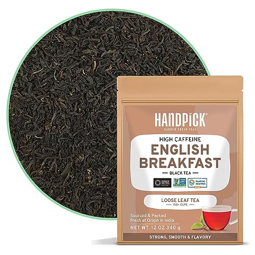 HANDPICK, Té English Breakfast Hoja suelta (12 onzas/12 onzas), fuerte, robusto, con alto contenido de cafeína, té negro con alto contenido de cafeína, sin OMG, resellable, bolsa Ziplock, prepara té