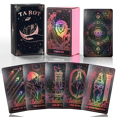 WJPC Juego de barajas de cartas de tarot con borde de oro rosa con guía y caja de regalo para principiantes y expertos. Tarjetas de juego de adivinación para mazos de tarot.