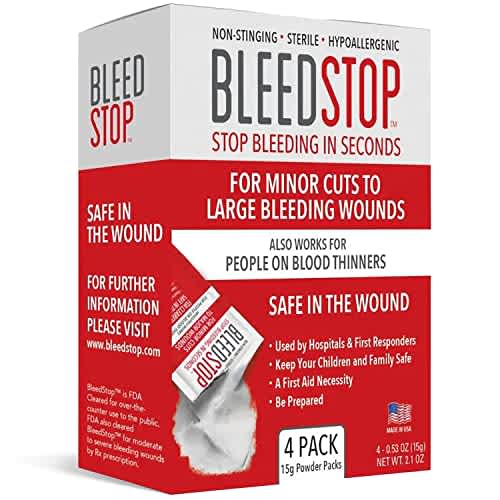 BleedStop™ First Aid Powder for Blood Clotting, Trauma Kit, Blood Thinner Patients, Camping Safety, and Survival Equipment for Moderate to Severe Bleeding Wounds or Nosebleeds - 4 (15g) Pouches