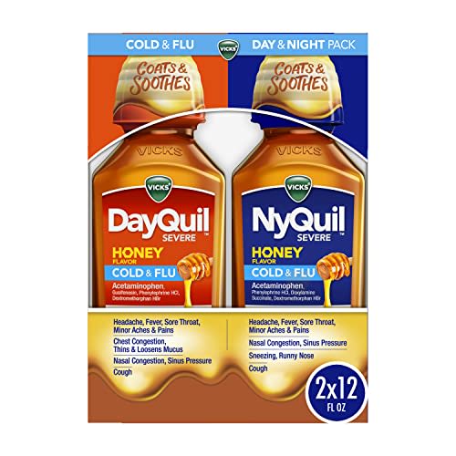 VICKS DayQuil & NyQuil SEVERE Honey Flavor Co-Pack, Cold & Flu Medicine, RelievesHeadache, Fever, Sore Throat, Minor Aches & Pains, Nasal Congestion, Sinus Pressure, Stuffy Nose, and Cough, 2x12oz