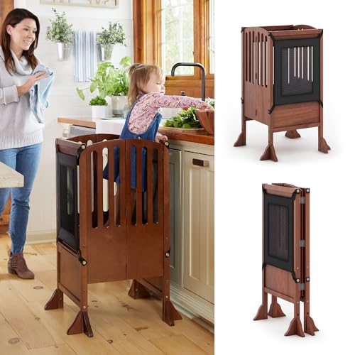 Guidecraft Taburete contemporáneo Kitchen Helper® con 2 guardianes - Nogal: Taburete de madera de altura ajustable para niños pequeños