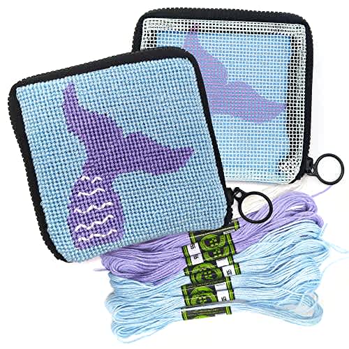 CRAFTILOO Pre Printed Needlepoint Wallet Kit for Kids Embroidery Arts and Crafts Set Cross Stitch Sewing Kit (Mermaid)