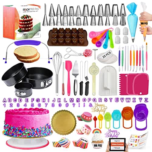 RFAQK Kit de decoración de pasteles de 700 piezas con suministros para hornear, tocadiscos para decorar con moldes para hornear, nivelador, 24 puntas numeradas, 2 espátulas, herramientas de fondant,