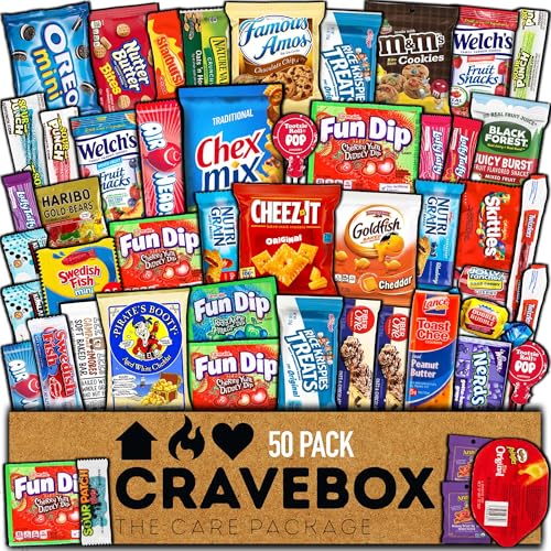 CRAVEBOX Snack Box (50 Count) Christmas Variety Pack Gift Care Package Basket Adult Kid Guy Girl Women Men Birthday College Student Office Back to School