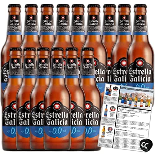 Estrella Galicia 0,0 Cerveza sin alcohol 15 unidades, fabricada en España, 16 onzas/lata, incluye soporte para teléfono/tableta y recetas de cerveza/maridaje