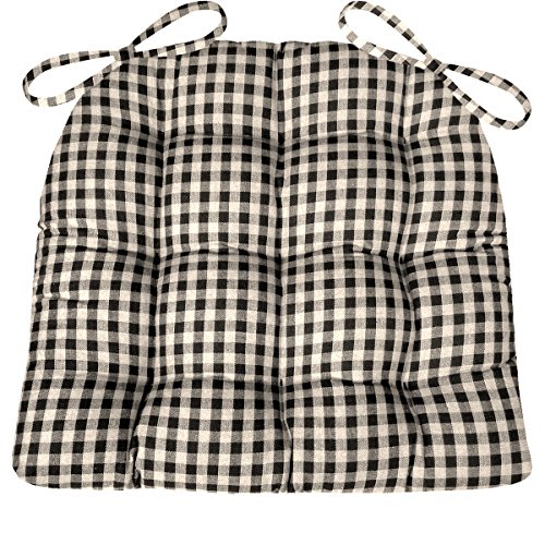 Barnett Home Decor Farmhouse Check - Cojín para silla de comedor en blanco y negro con lazos, tamaño extragrande, cojín para silla de 18 pulgadas, relleno de espuma de látex, 100% algodón, fabricado