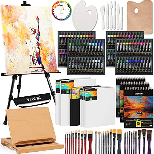 VISWIN All-in-One Art Painting Set with Aluminum & Beech Wood Easel, 96 Acrylic, Watercolor & Oil Paint Set, Canvases, Painting Kit with Complete Art Supplies for Adult, Student, Beginner, Artist