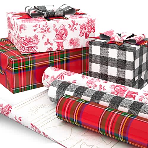 Hallmark Holiday Plaid Wrapping Paper with Cutlines and Optional DIY Bow Templates on Reverse (3-Pack: 120 Sq. Ft. Ttl) Red Toile, Black Buffalo Check, Plaid for Christmas, Birthdays, Weddings, Crafts