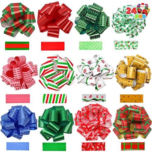 JOYIN 24 PCS Christmas Wrap Ribbon Pull Bows (5" Wide); Easy and Fast Gift Wrapping Accessory for presents, Bows, Baskets, Wine Bottles Decoration, Xmas Gift Wrapping and Decoration Present