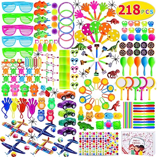 Max Fun 218 piezas de recuerdos de fiesta para niños, surtido de juguetes de fiesta a granel, juguetes de regalo de cumpleaños, premios de carnaval, caja del tesoro, premios, bolsas de regalo,