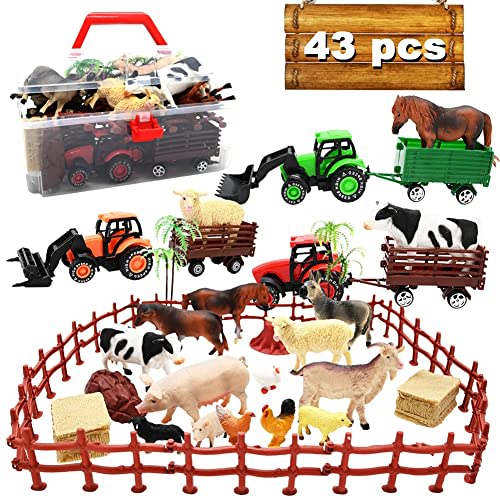 Paquete de 3 tractor de juguete de granja con 40 figuras de animales de plástico y juego de cerca, figuras de granja, vehículo de agricultor de juguete con remolque para niños de 3 a 12 años de edad,