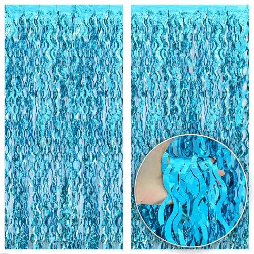 KatchOn, XtraLarge, Wavy Blue Foil Fringe Curtain - 3.2x6.5 Feet, Pack of 2 | Blue Water Beach Backdrop for Beach Party Decorations | Under The Sea Party Decorations | Summer Pool Party Decorations