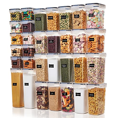 Vtopmart Juego de 32 recipientes herméticos de almacenamiento de alimentos, recipientes de plástico sin BPA para organización de cocina y despensa con tapas para cereales, alimentos secos, harina y